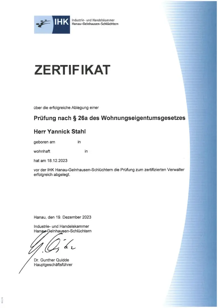 Zertifikat zertifizierter Verwalter IHK Hanau-Gelnhausen-Schlüchtern